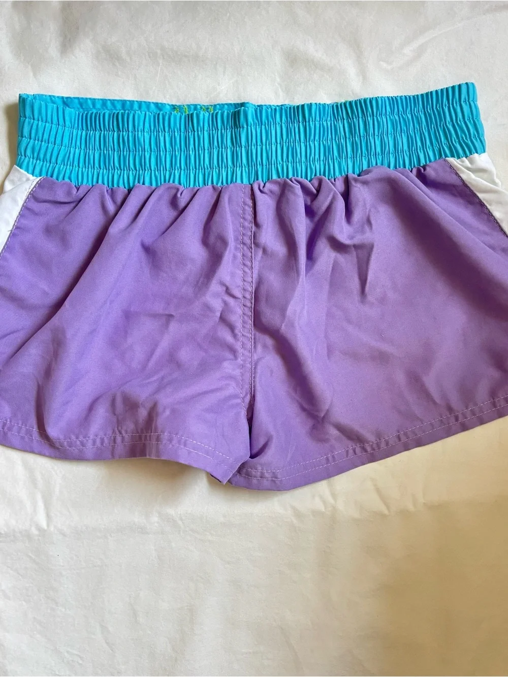 raya sun Purple Swim Shorts with Aqua Waistband and Lime Stripes